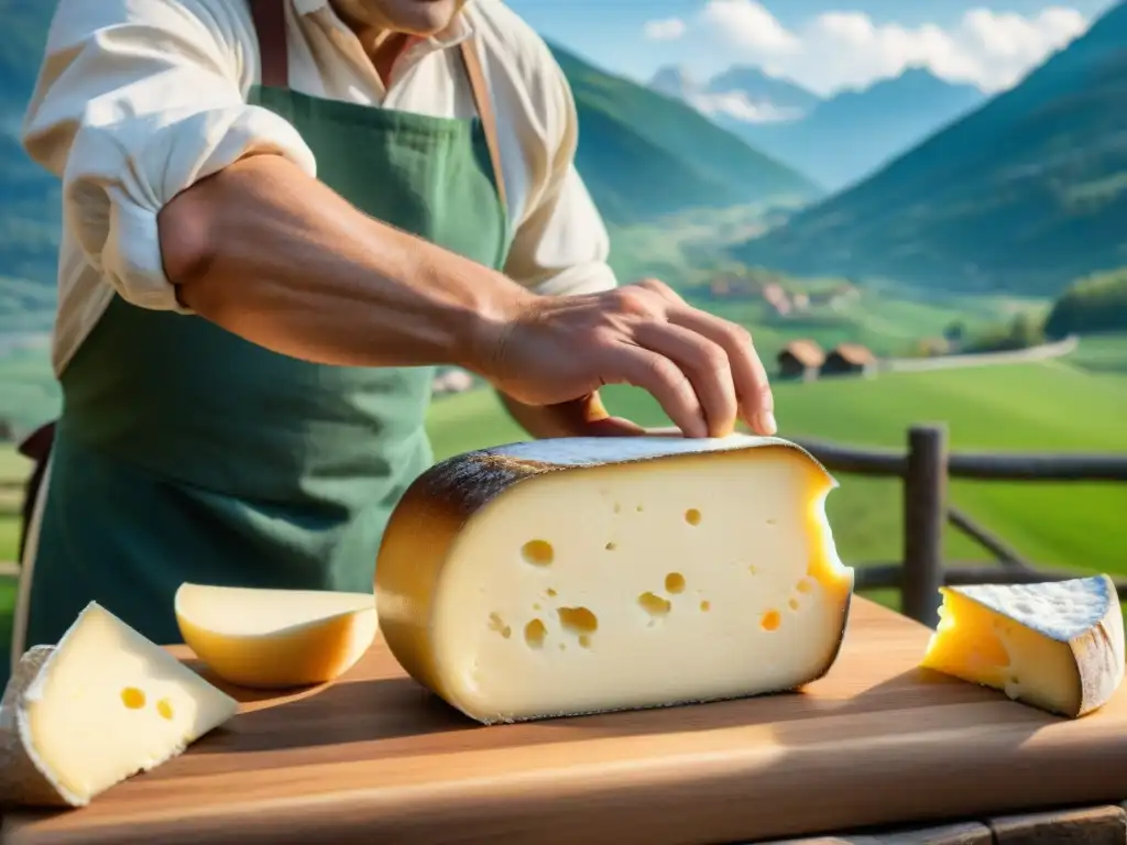 Un maestro quesero en los Alpes franceses elaborando con destreza una rueda de Tomme de Savoie, resaltando el sabor rústico del queso