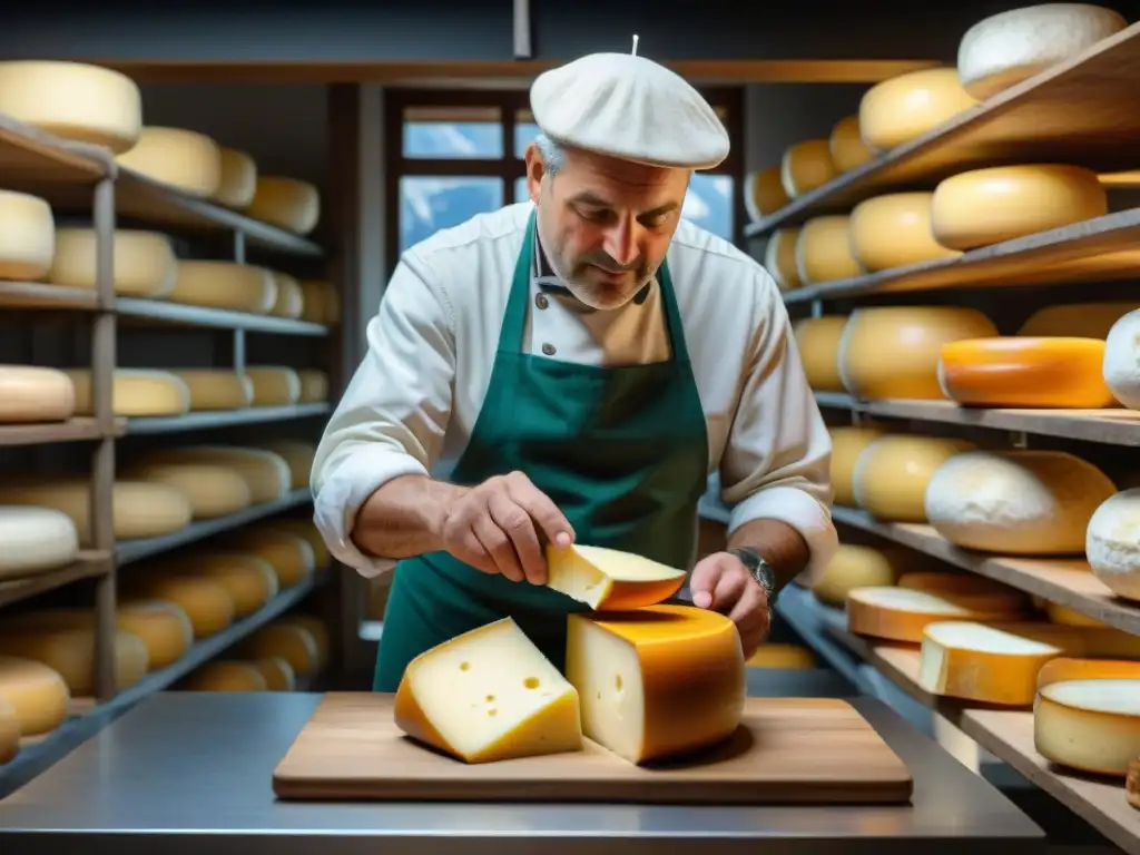 Un maestro quesero en los Alpes franceses inspecciona detalladamente una rueda de queso Beaufort, mostrando la excelencia alpina gastronomía