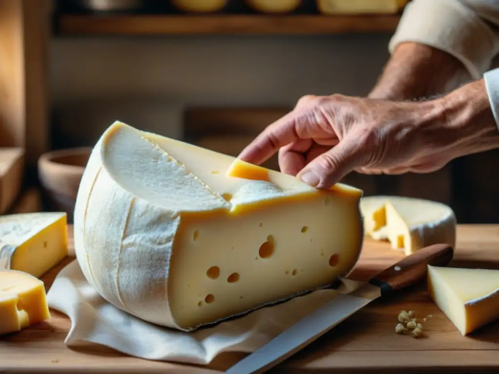 Un maestro quesero de Alsacia moldea con destreza un queso Munster tradicional