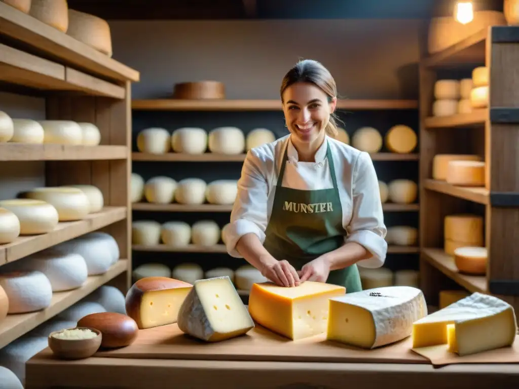 Un maestro quesero alsaciano envuelve con cuidado un Queso Munster en papel marrón, rodeado de estantes llenos de variedades de queso