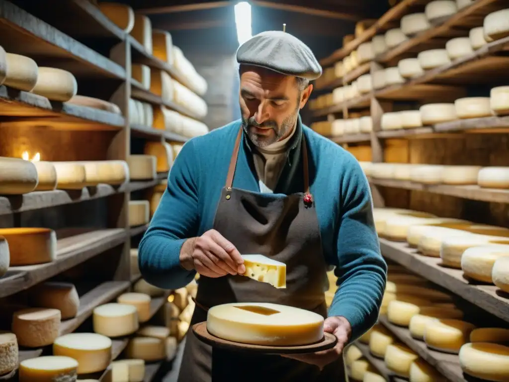 Un maestro quesero inspecciona con amor una rueda de queso Tomme de Savoie en una bodega