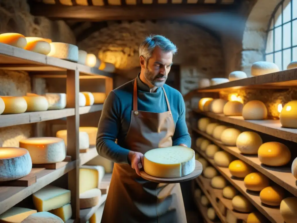 Un maestro quesero francés en su antigua bodega, inspeccionando quesos