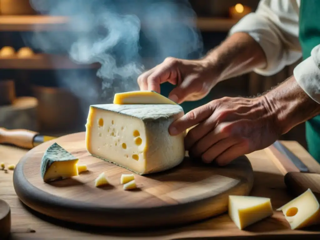 Maestro quesero artesanal moldea queso francés en taller histórico, atmosfera auténtica