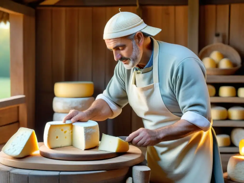 Un maestro quesero artesanal elaborando un Queso Salers en un granero rústico