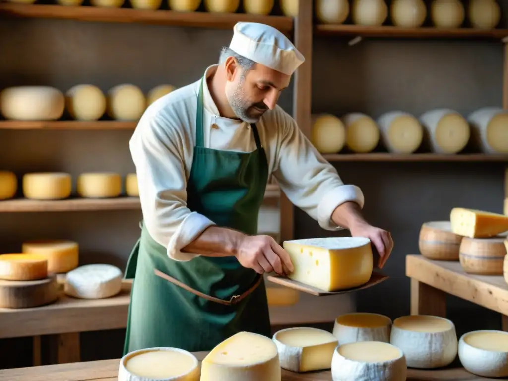 Un maestro quesero artesanal elabora queso francés en una granja rústica