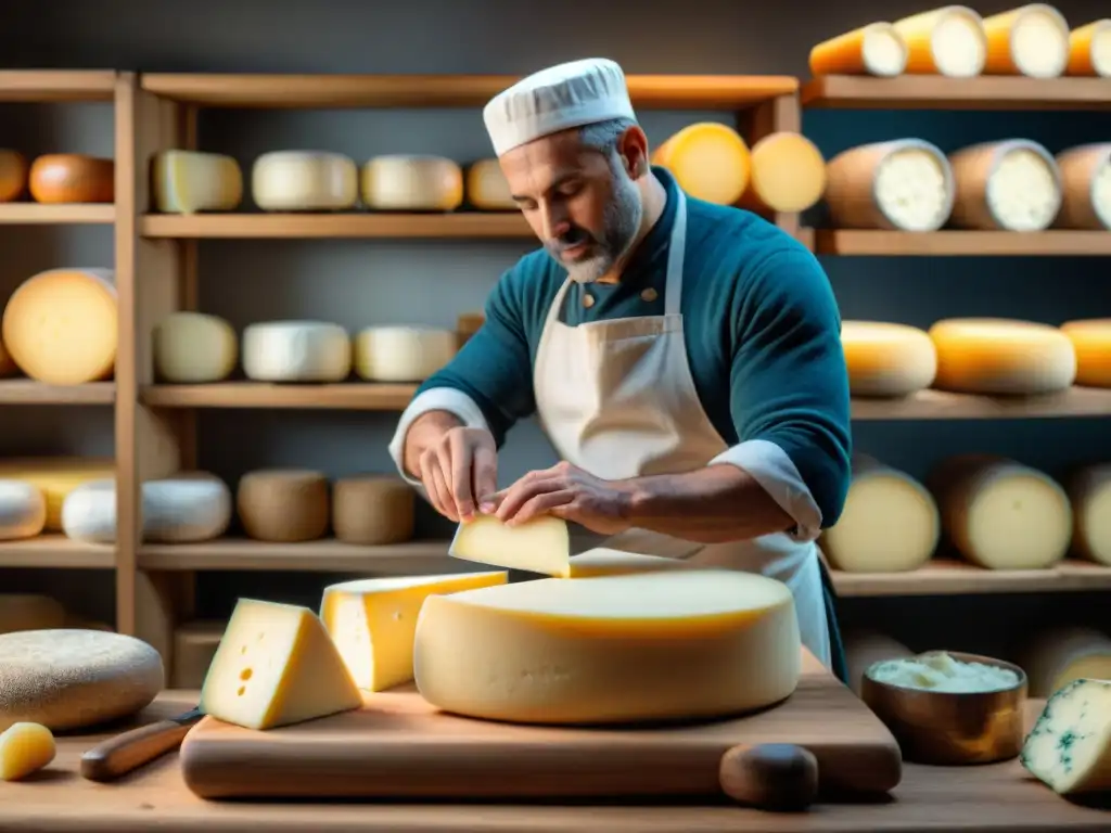 Un maestro quesero artesanal moldea un queso francés en un ambiente rústico