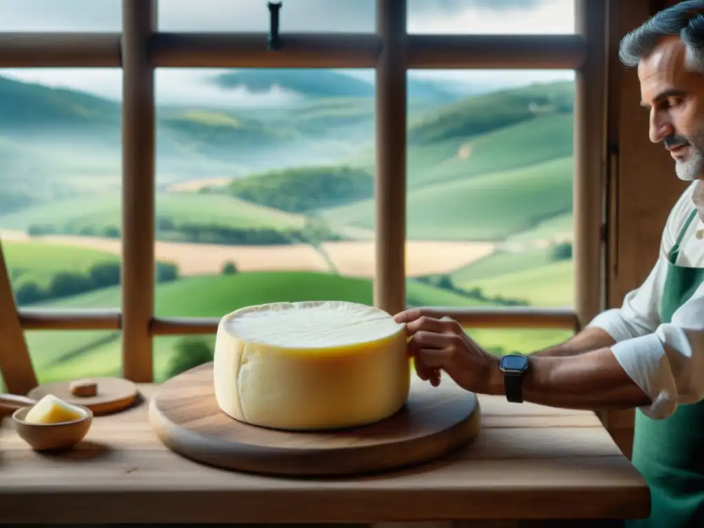 Un maestro quesero en Auvernia moldea un Queso Saint Nectaire, mostrando la auténtica gastronomía de la región