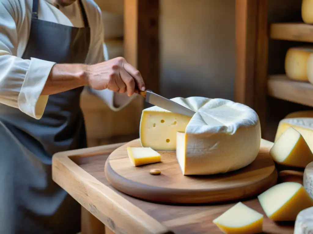 Un maestro quesero en Auvernia elaborando un queso Saint Nectaire, resaltando la tradición y la destreza detrás de esta delicia regional