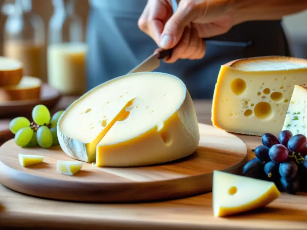 Un maestro quesero corta expertamente un Brie cremoso en una tabla de quesos rústica, con una variedad de quesos artesanales y uvas frescas