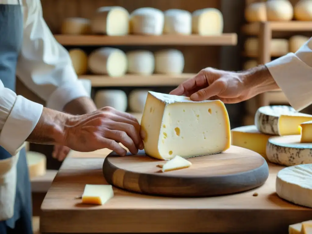 Un maestro quesero francés moldea un Brie cremoso en un taller tradicional, rodeado de herramientas y quesos envejeciendo