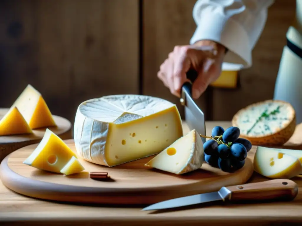 Un maestro quesero cortando expertamente un Brie francés, resaltando las técnicas de corte de quesos franceses