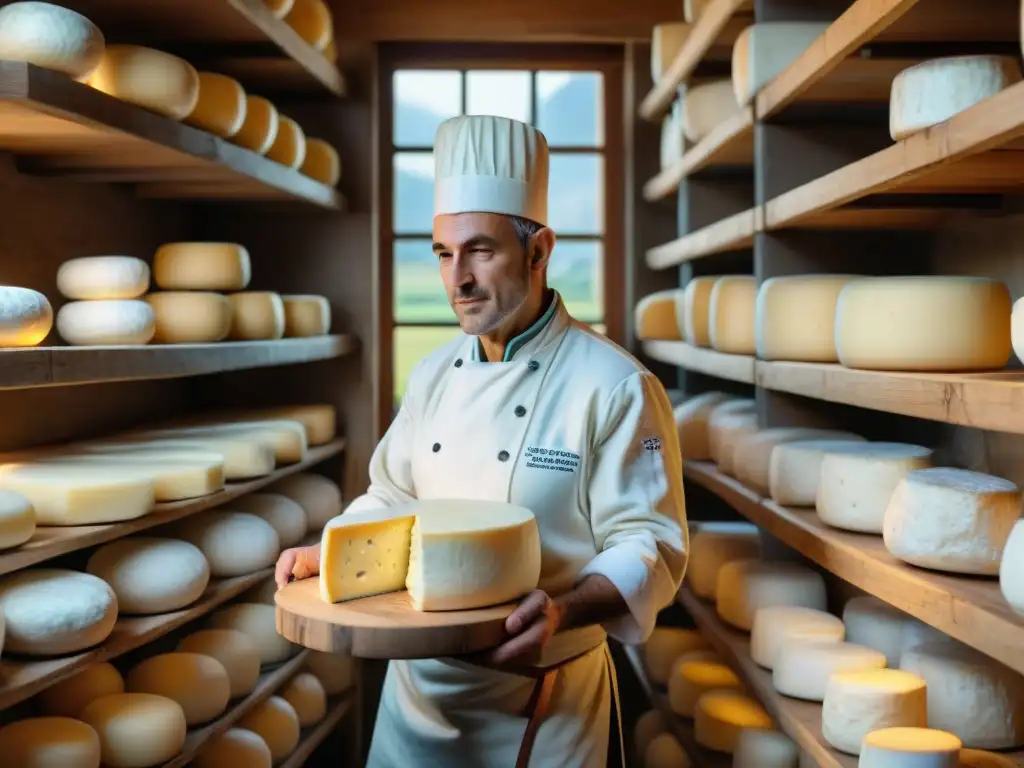 Un maestro quesero moldea un Camembert rodeado de quesos franceses tradicionales y modernos en una fromagerie campestre