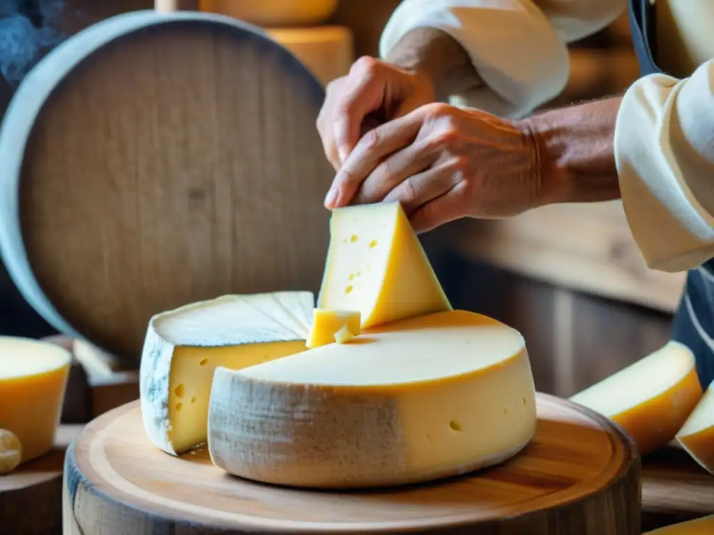 Un maestro quesero en Cantal moldea con destreza el queso, rodeado de barriles y herramientas rústicas