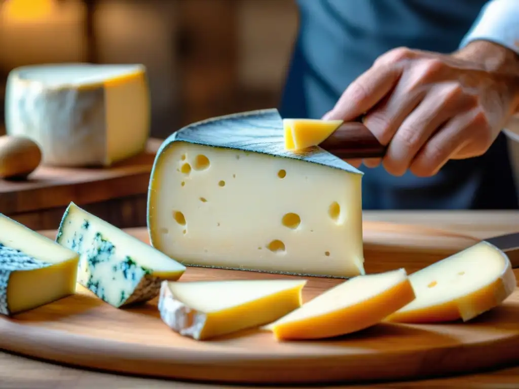 Un maestro quesero francés corta expertamente un Comté, mostrando las técnicas de corte de quesos franceses