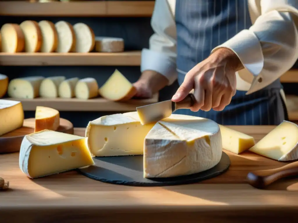 Un maestro quesero francés corta con precisión una rueda de Brie