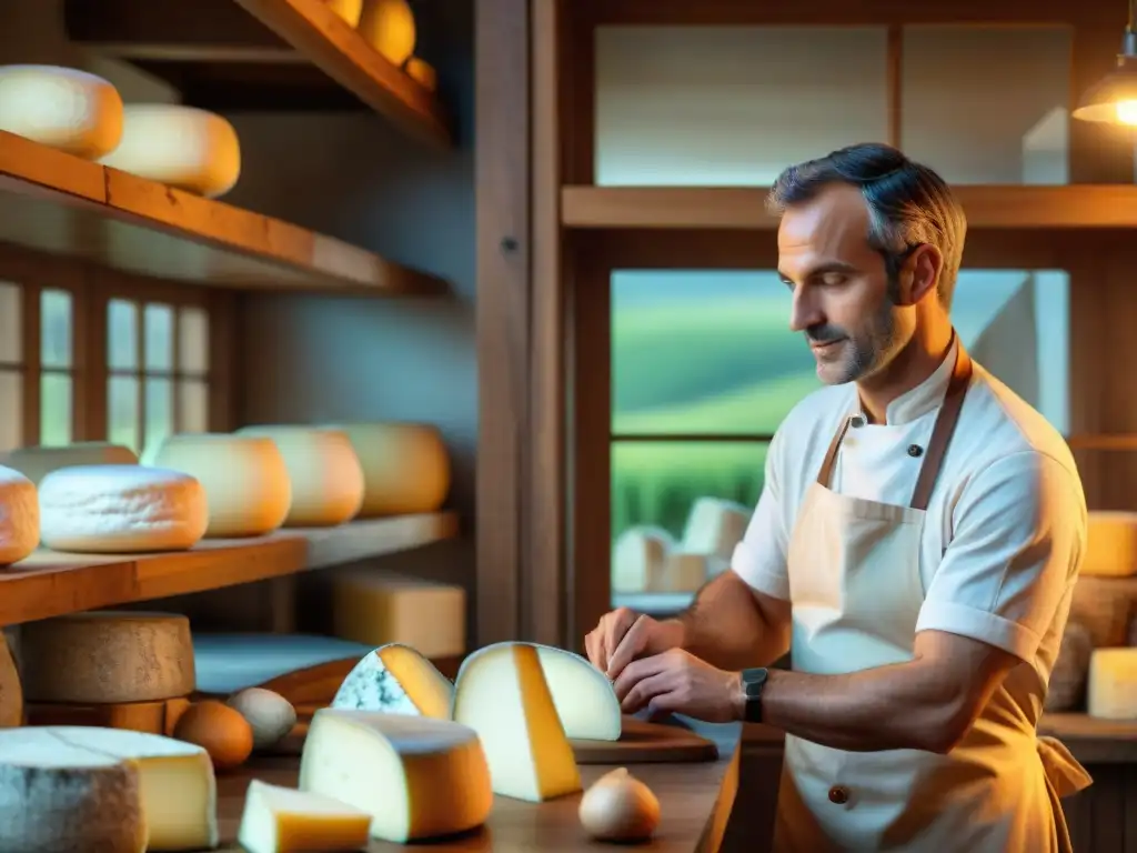 Un maestro quesero francés elaborando un cremoso Brie en una cocina tradicional de una fromagerie, con herramientas vintage y quesos envejeciendo