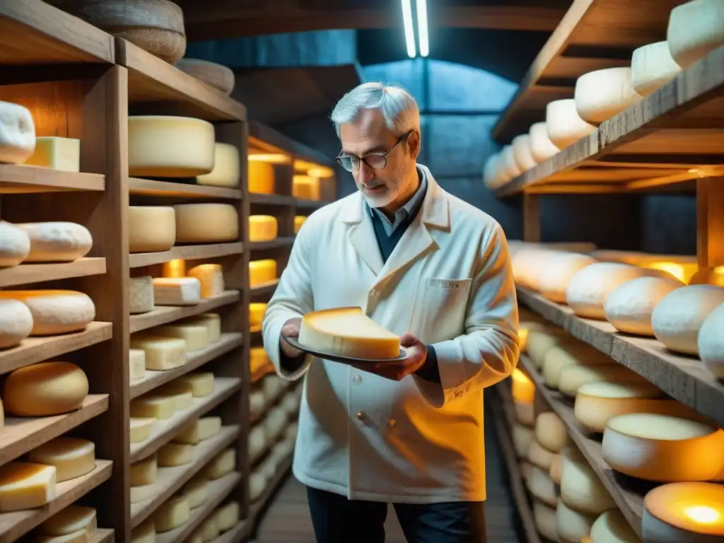 Un maestro quesero examina con cuidado una rueda de queso Brie en una bodega francesa: la joya culinaria de Francia