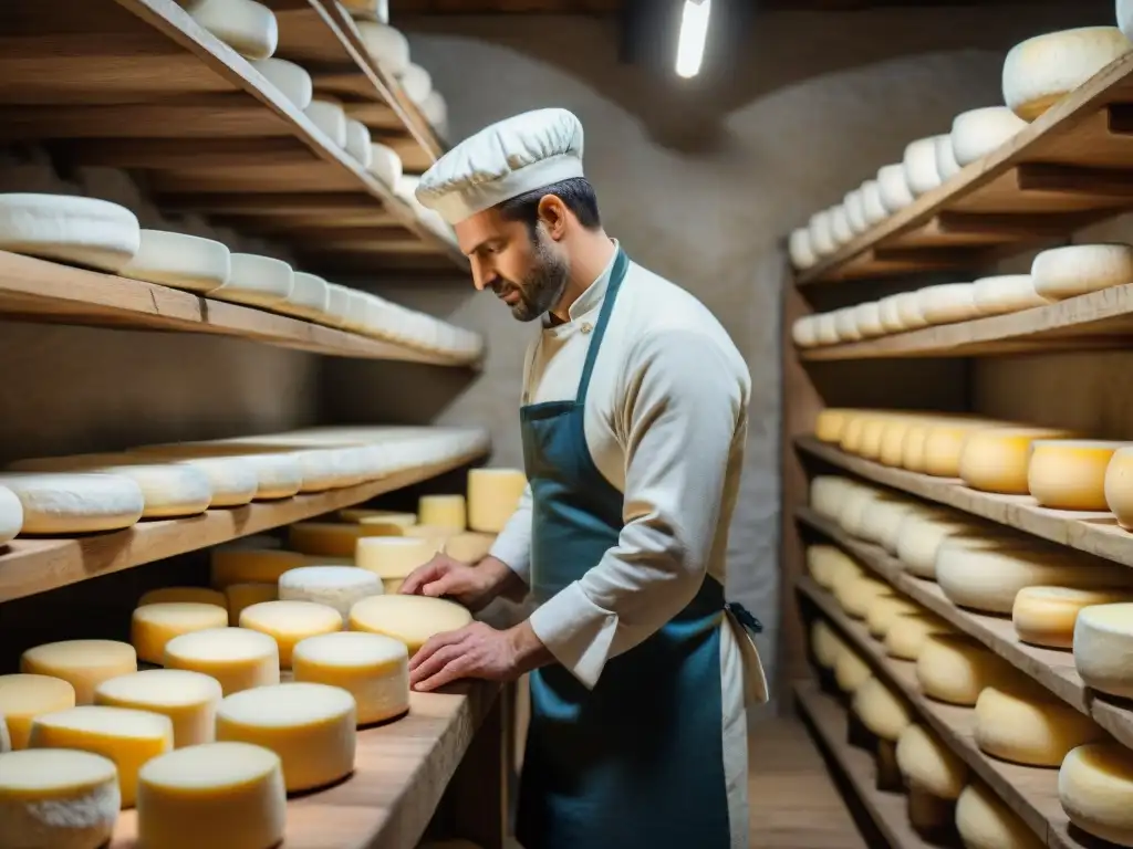 Un maestro quesero francés inspecciona con cuidado las ruedas de queso envejecido en una bodega tradicional, destacando la artesanía de la fermentación en quesos franceses milenaria