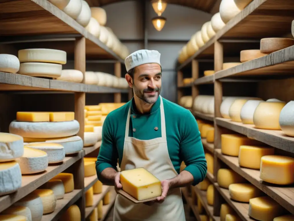 Un maestro quesero inspecciona con cuidado las ruedas de Queso Lavort en una bodega tradicional francesa