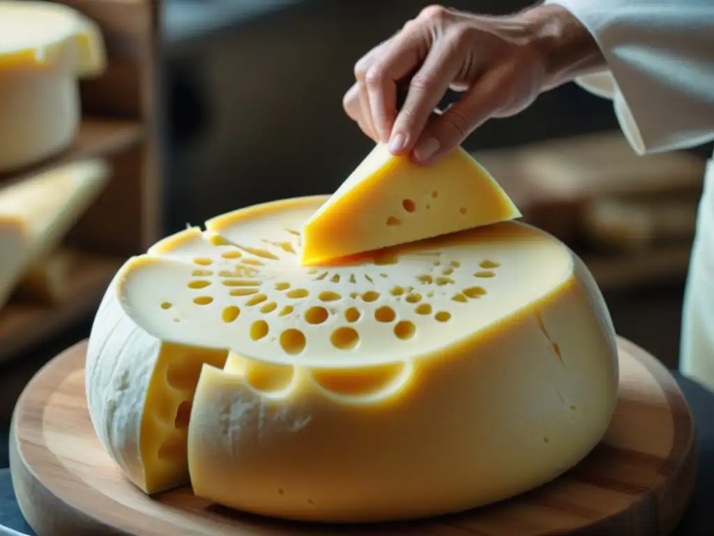 Un maestro quesero tallando con destreza un diseño en un queso Gouda, exhibiendo técnicas para tallar quesos gourmet con precisión y arte