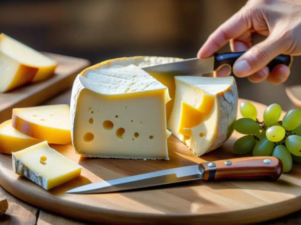 Un maestro quesero corta con destreza un exquisito Brie francés