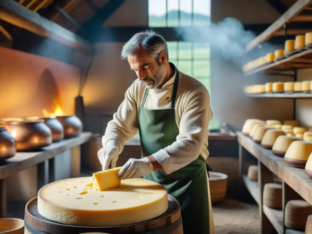 Un maestro quesero francés remueve con destreza leche tibia en un gran caldero de cobre, creando Emmental