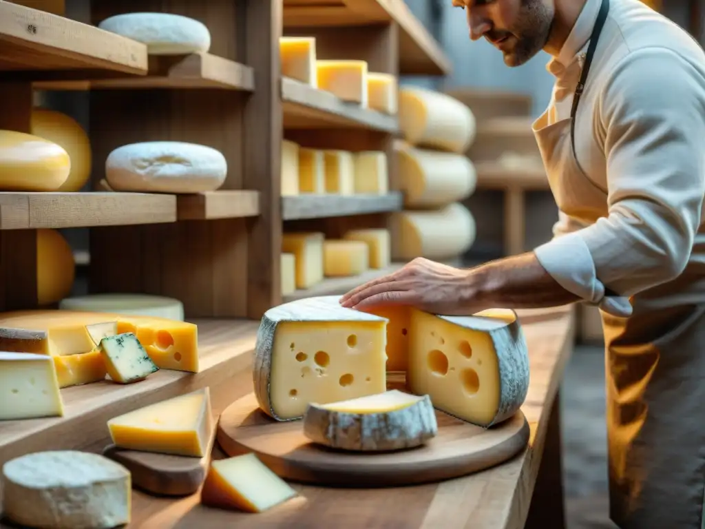 Un maestro quesero ajusta con destreza la maduración de quesos franceses, mostrando perfección gastronómica