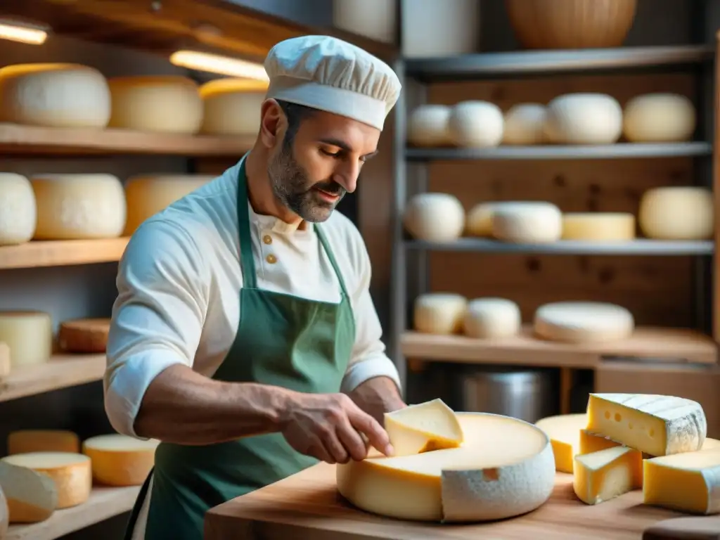 Un maestro quesero elabora con destreza un queso francés vegano innovador en un taller rústico y encantador