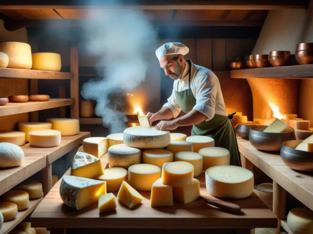 Un maestro quesero elabora con destreza el queso Munster alsaciano en una cocina tradicional, destacando la artesanía gastronómica