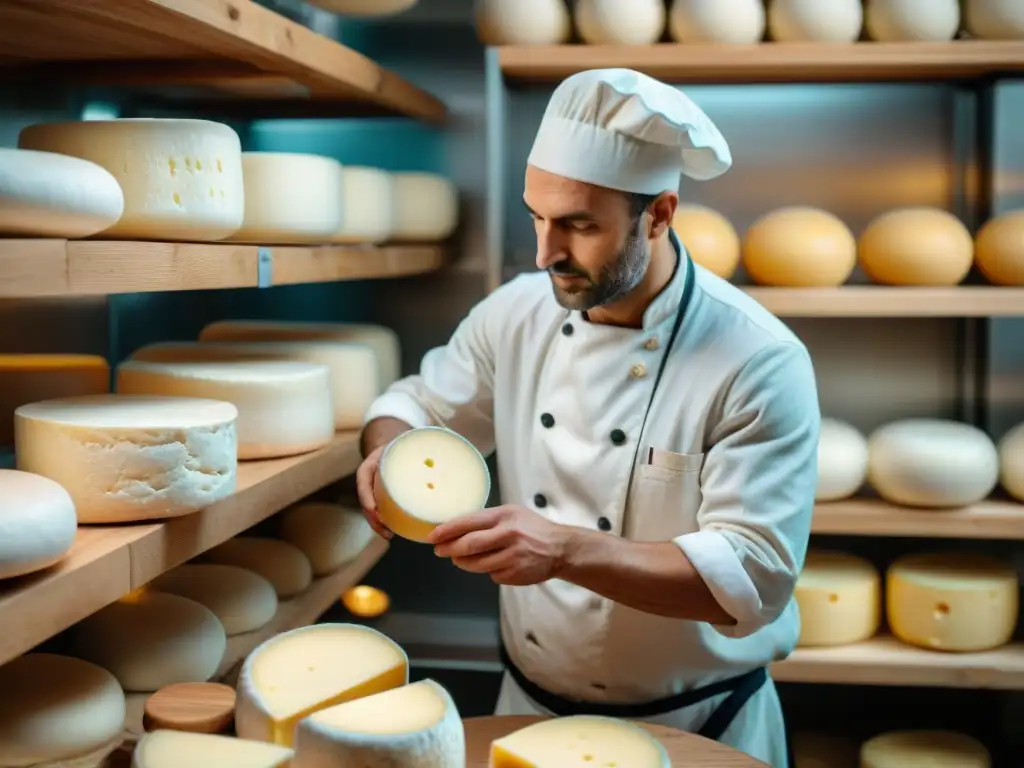 Un maestro quesero moldea con destreza quesos franceses veganos en una quesería tradicional, reflejando autenticidad y artesanía