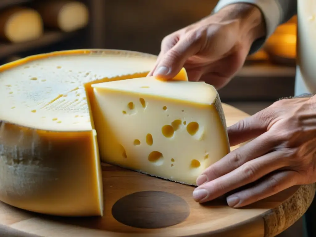 Un maestro quesero moldea con destreza una rueda de queso Cantal, resaltando el sabor robusto del queso Cantal