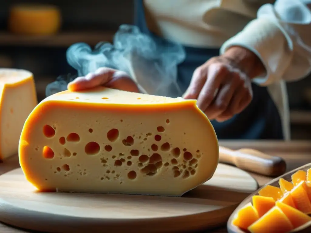 Un maestro quesero moldea con destreza una rueda de queso Mimolette, resaltando texturas y colores vibrantes