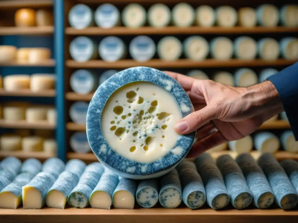 Un maestro quesero moldea con destreza una rueda de queso Fourme d'Ambert, destacando sus vetas azules y textura cremosa