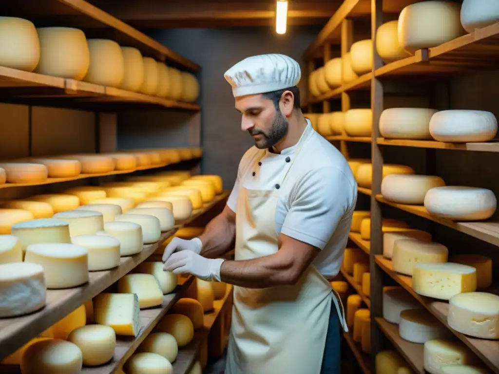 Un maestro quesero francés moldea con destreza una rueda de Queso Maroilles en una Fromagerie tradicional