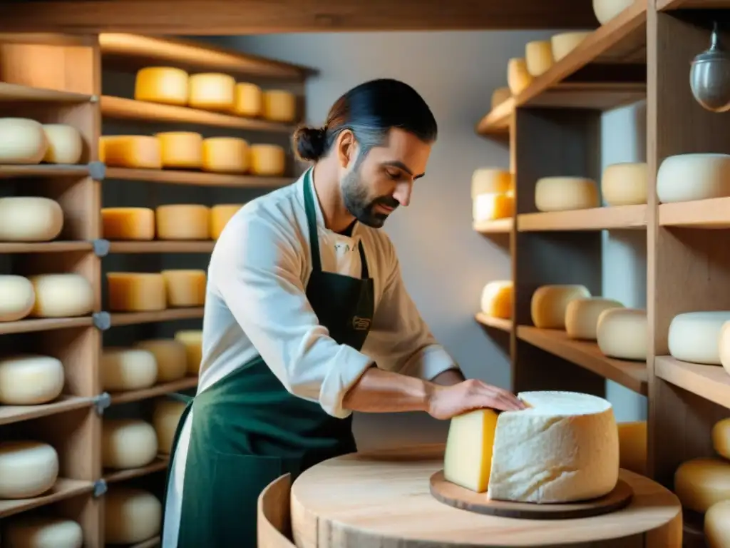 Un maestro quesero francés crea con destreza una rueda de queso vegano en su taller rústico