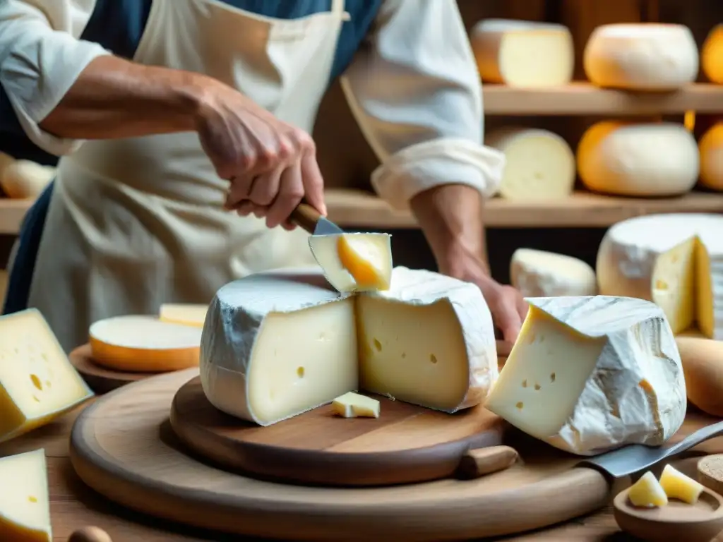 Un maestro quesero francés moldea con destreza una rueda de Camembert en talleres de arte quesero francés