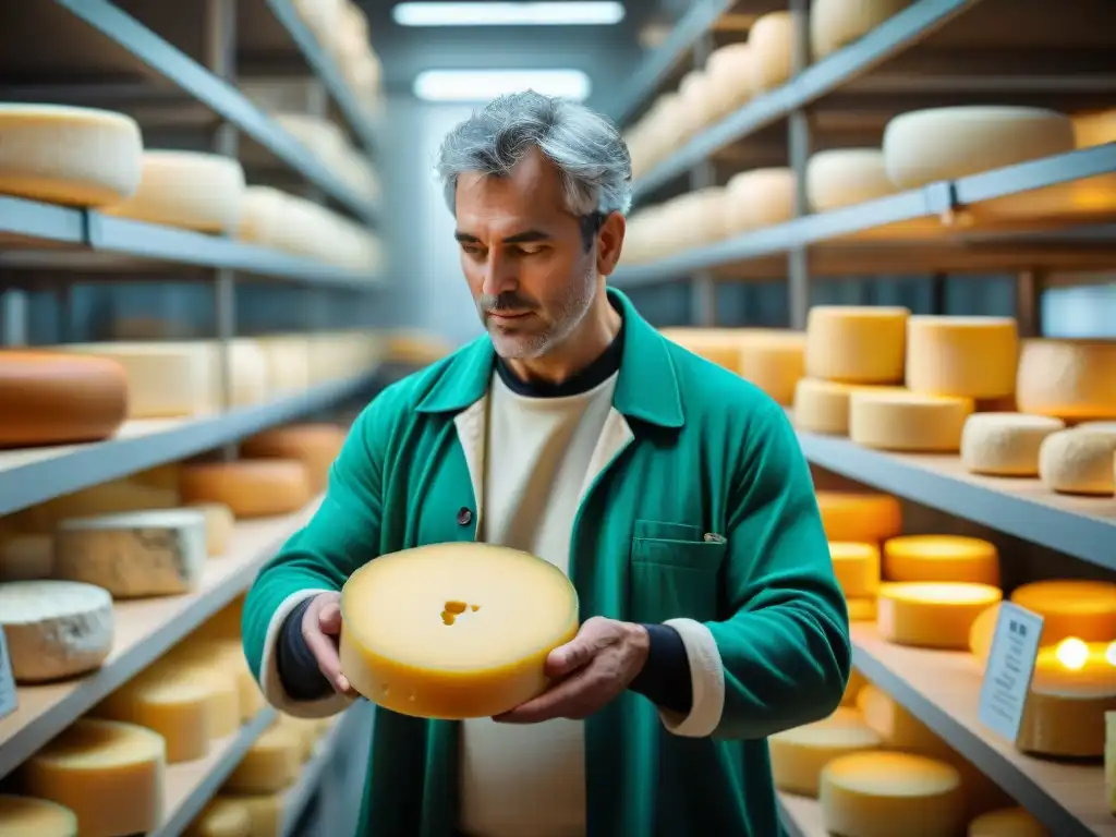 Un maestro quesero examina con detalle una rueda de queso Lavort maduro, mostrando sabores únicos en gastronomía