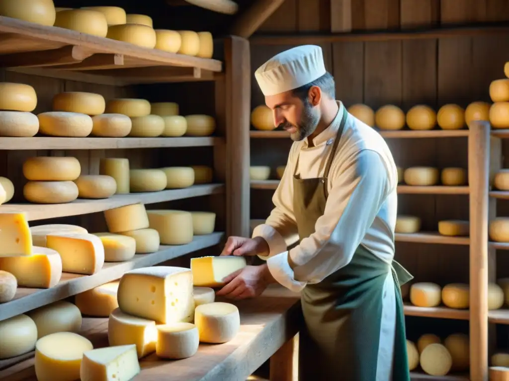 Un maestro quesero francés elaborando Emmental en un granero rústico