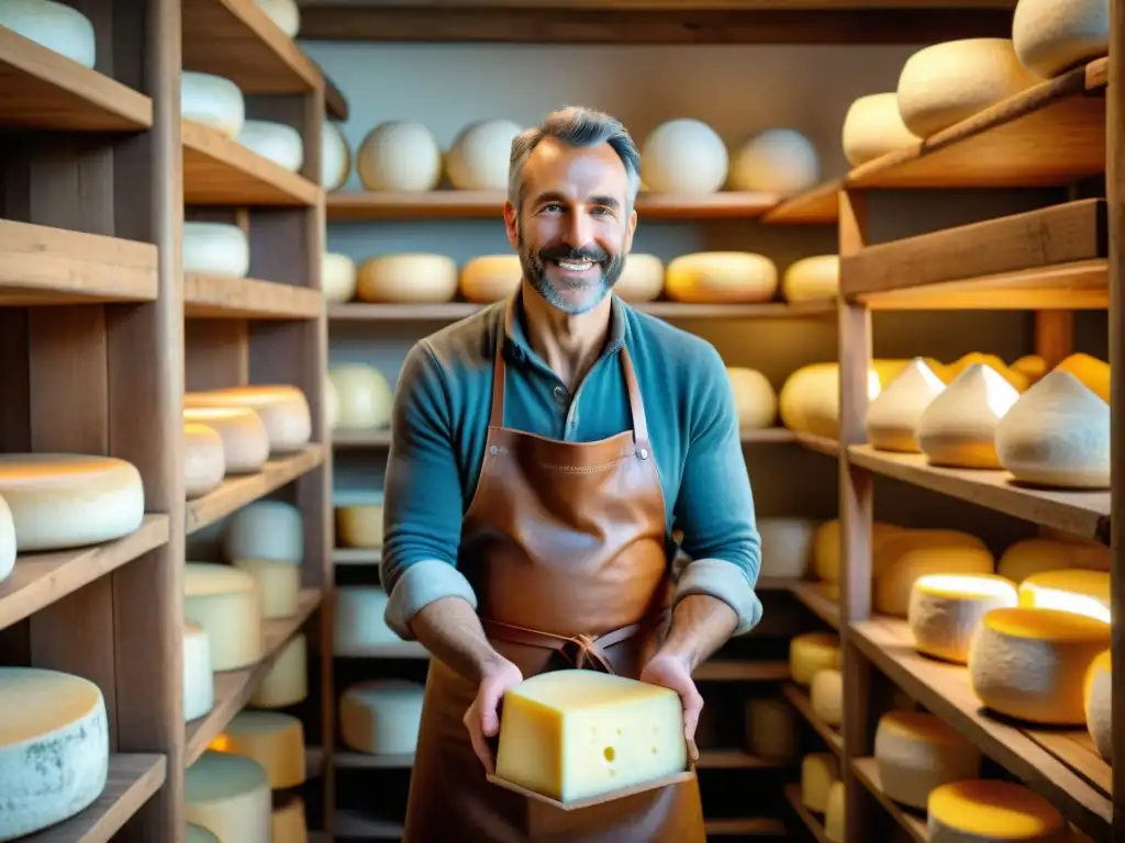 Un maestro quesero en los Alpes franceses cuida con esmero las ruedas de queso Beaufort en una bodega tradicional