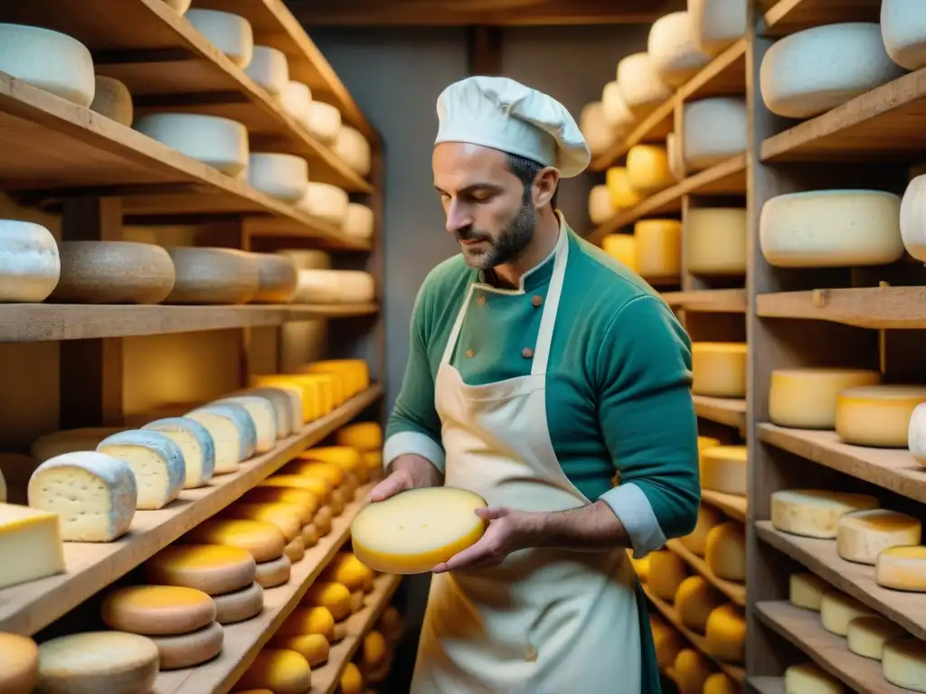 Un maestro quesero francés cuidando con esmero una sala de maduración llena de ruedas de queso en diferentes etapas