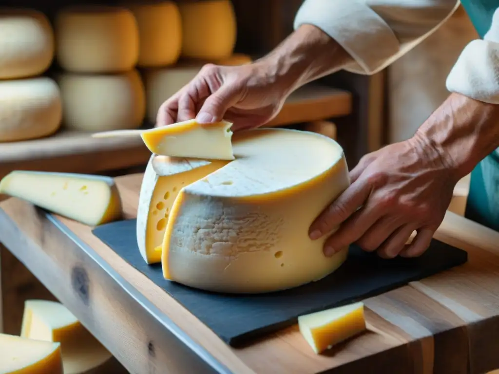 Un maestro quesero experto moldea un queso Cantal, sus manos rugosas reflejan la dedicación y sabor robusto del queso Cantal