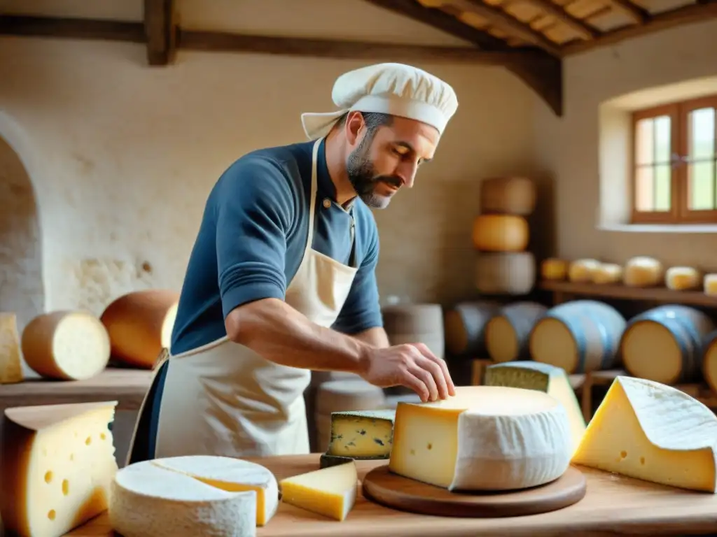 Un maestro quesero francés experto en acción, elaborando queso artesanal en un granero rural