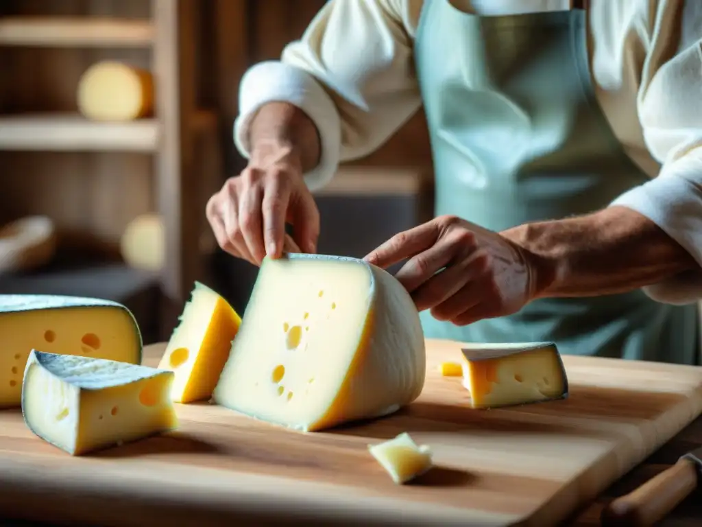 Un maestro quesero experto en la elaboración de queso francés tradicional con sus manos hábiles