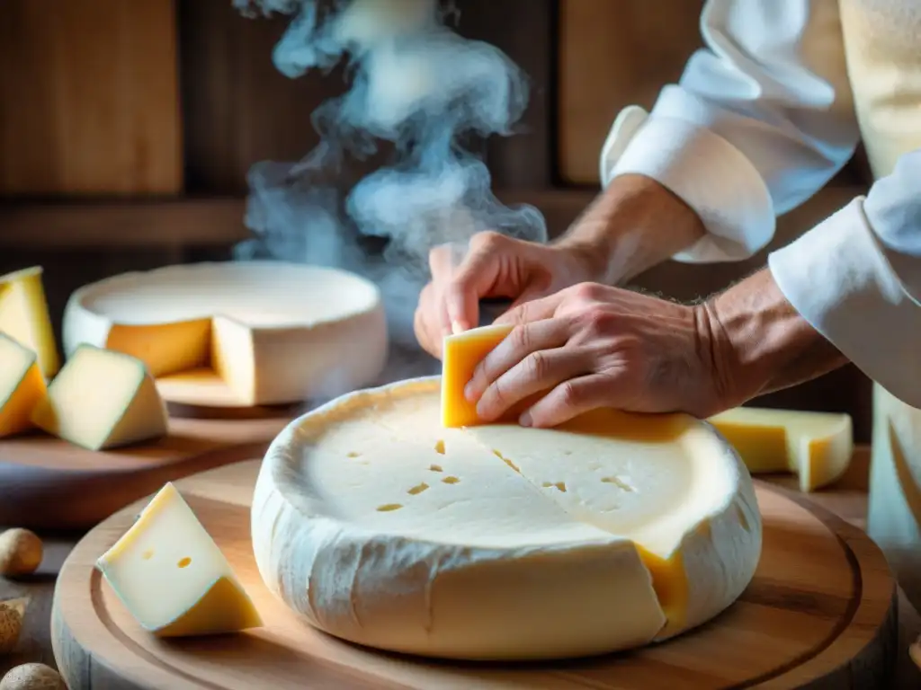 Un maestro quesero francés experto en técnicas tradicionales e innovadoras moldea un queso con destreza