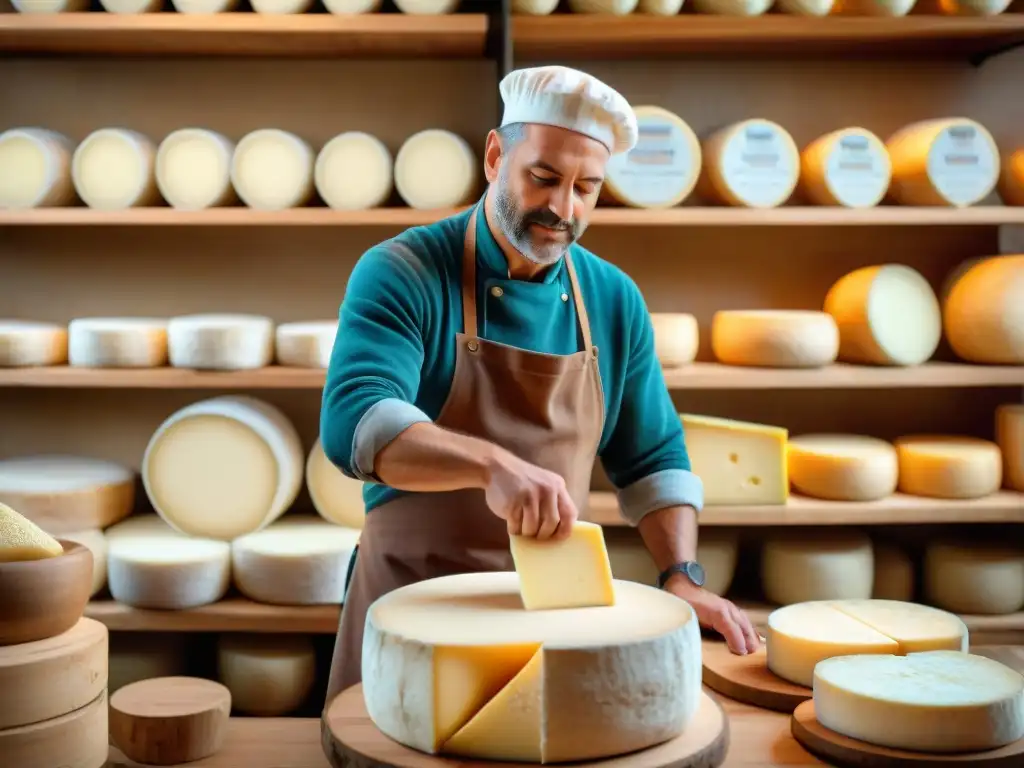 Un maestro quesero en una fromagerie francesa elaborando quesos artesanales exclusivos