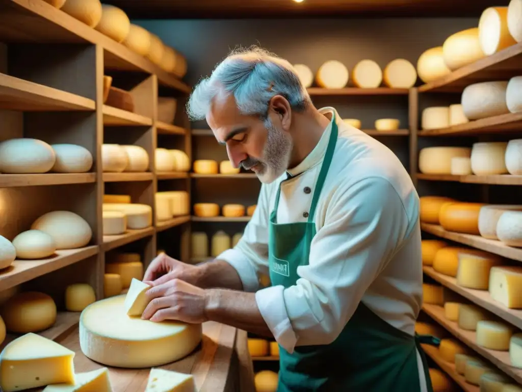 Un maestro quesero en una fromagerie francesa, creando quesos artesanales exclusivos en un antiguo sótano iluminado por luz natural