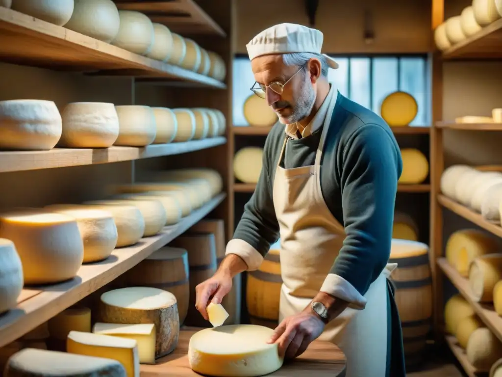 Un maestro quesero en una fromagerie francesa, creando queso artesanal