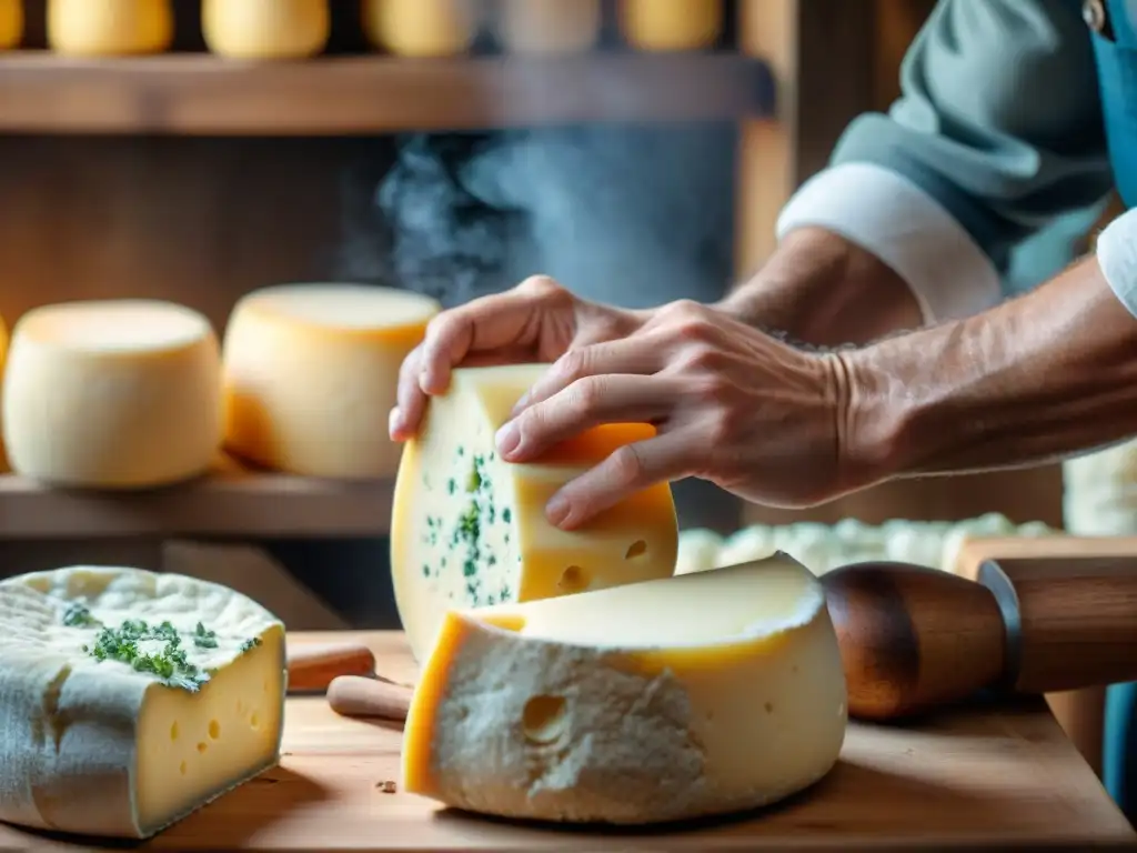 Un maestro quesero en una fromagerie francesa moldea un auténtico queso Roquefort bajo la Protección Queso Francés AOC Auténtico