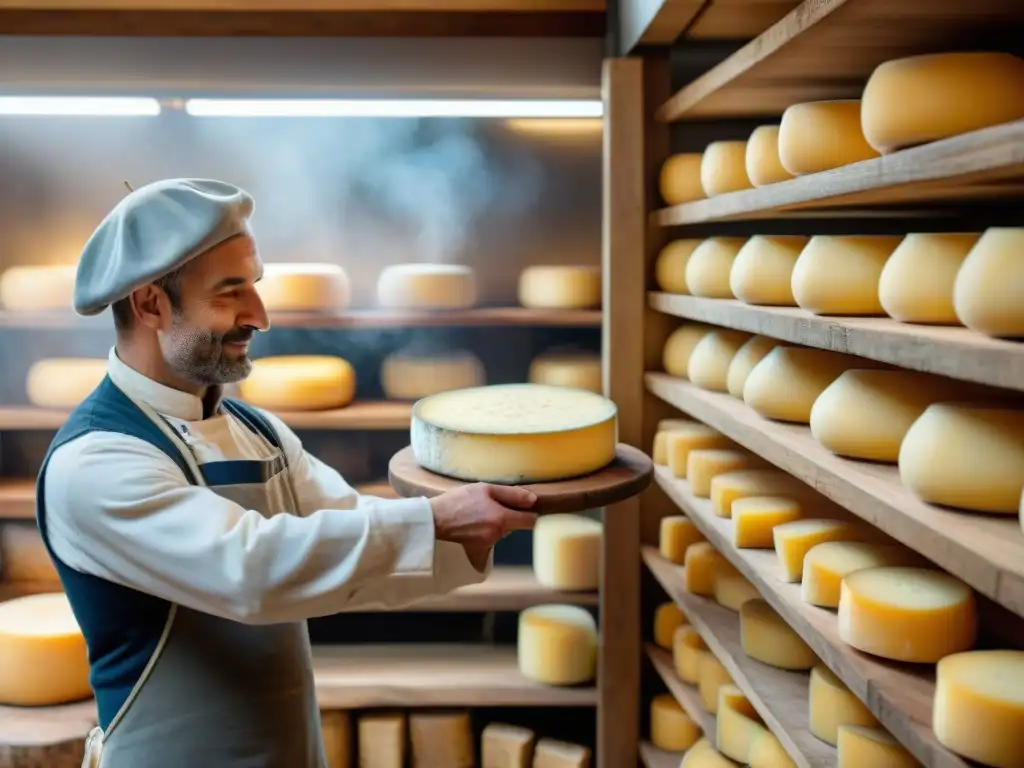 Un maestro quesero en una fromagerie francesa tradicional esparciendo ceniza en una rueda de queso Morbier, resaltando la historia del queso Morbier