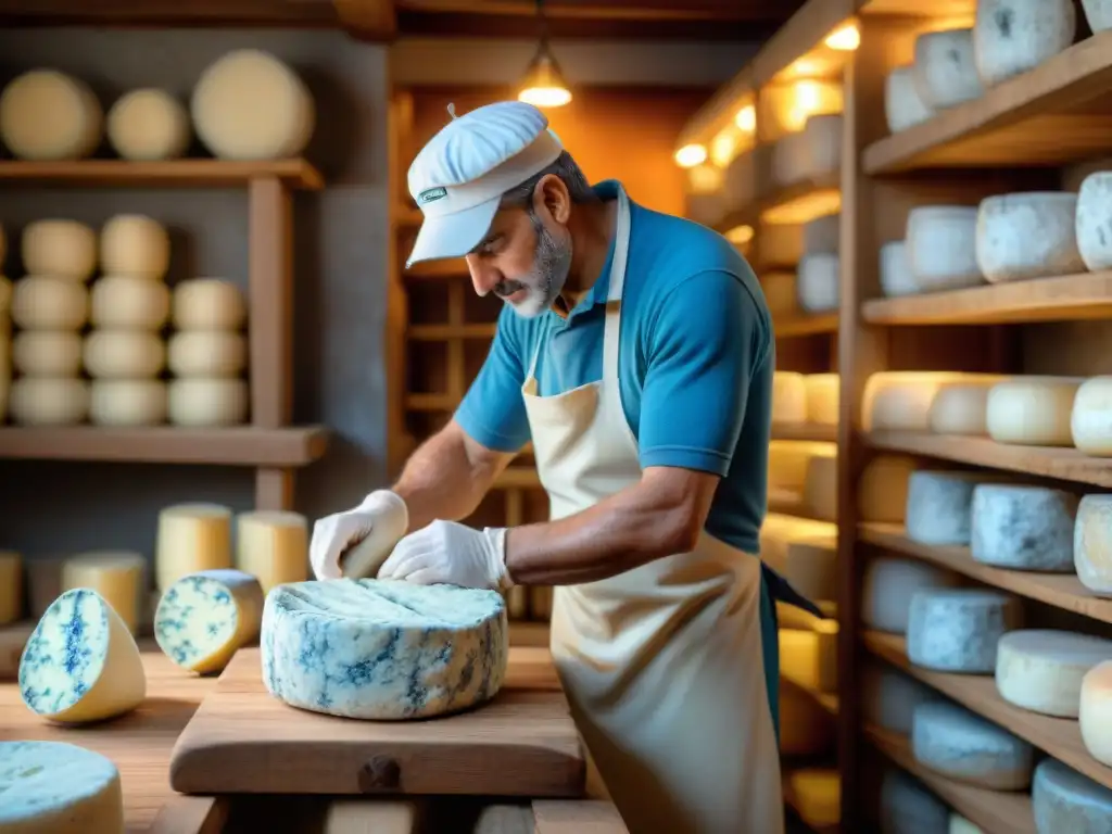 Un maestro quesero en una fromagerie francesa elaborando queso azul con destreza, entre paredes de piedra y ruedas de queso